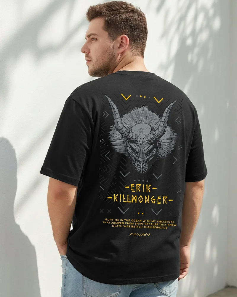 bewakoof Men's Black Killmonger Graphic Printed Plus Size T-shirt